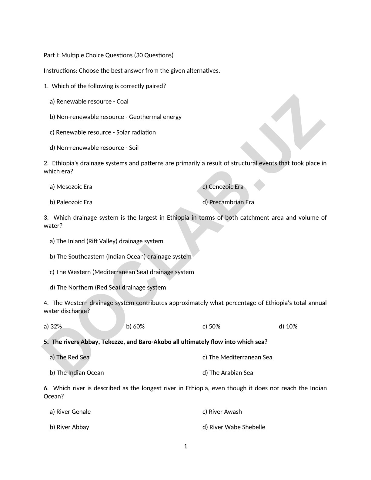 Ethiopia's drainage systems and natural resources multiple choice questions
