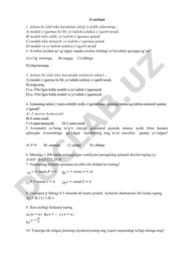 Fizika fanidan test savollari