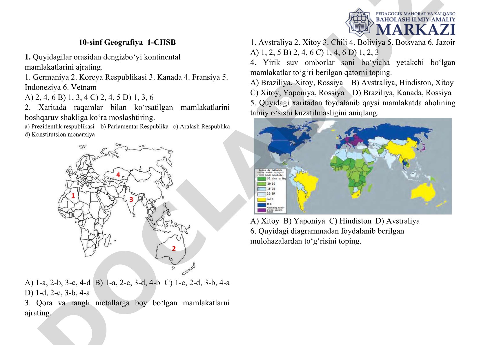 10-sinf Geografiya 1-CHSB test savollari