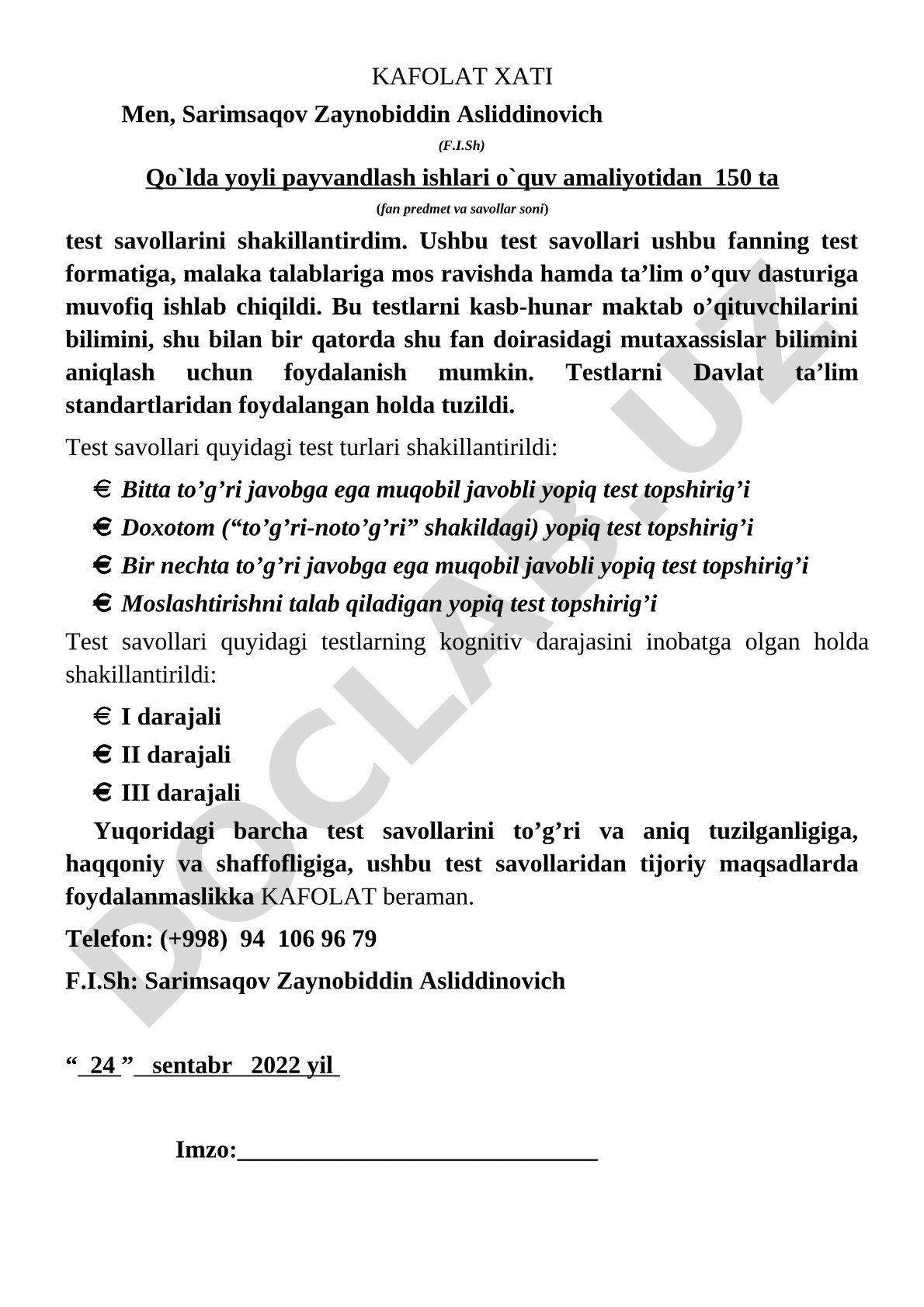 Qo'lda yoyli payvandlash ishlari fanidan test savollari