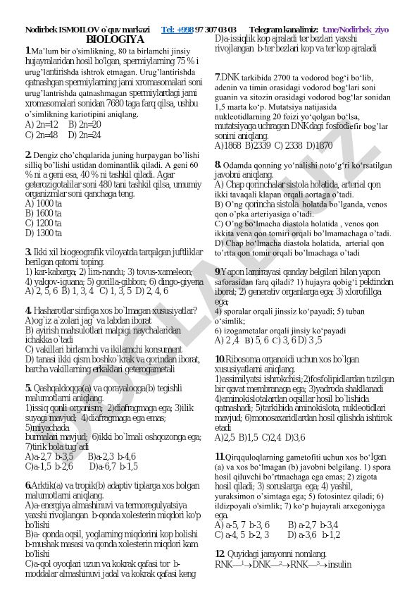 Biologiya fanidan test savollari to'plami