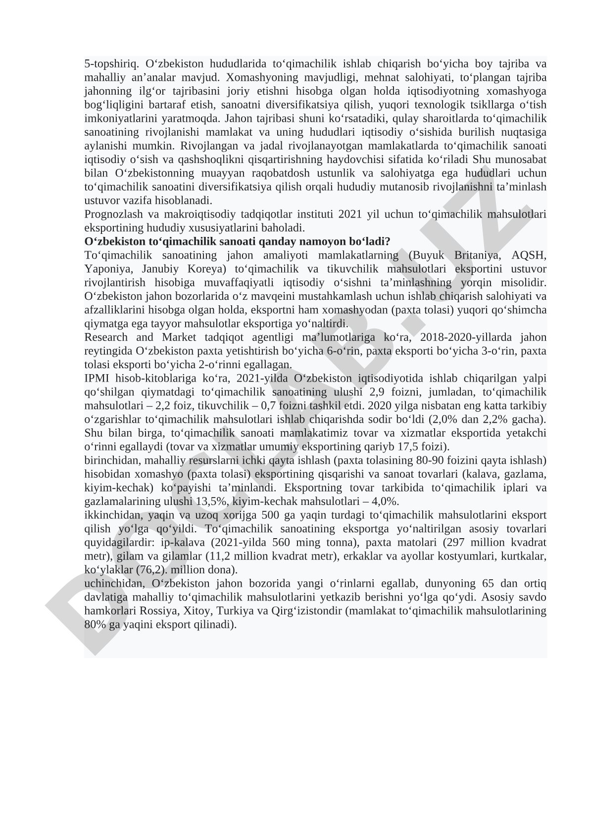O‘zbekiston to‘qimachilik sanoati rivojlanishi va diversifikatsiyasi