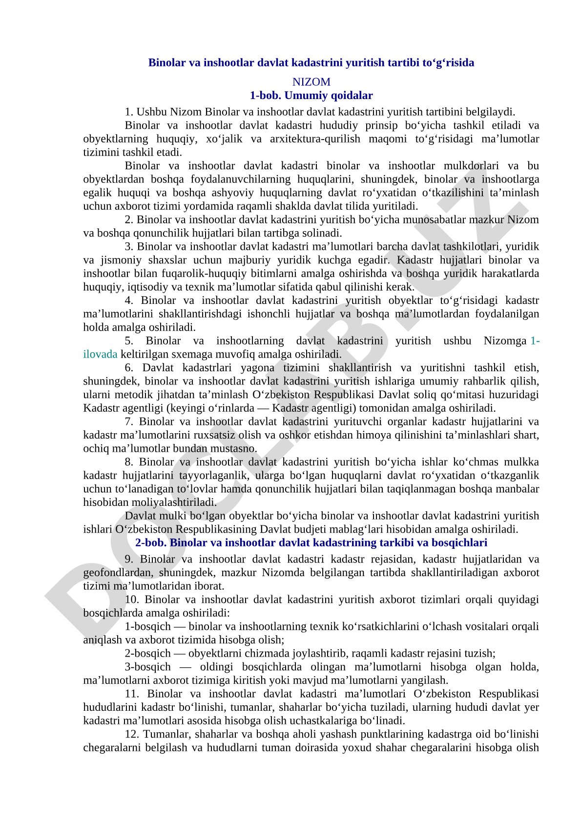 Binolar va inshootlar davlat kadastrini yuritish tartibi to‘g‘risida Nizom