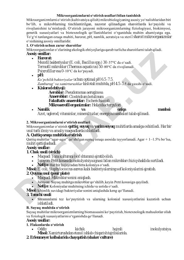 Mikroorganizmlarni o‘stirish usullari bilan tanishish
