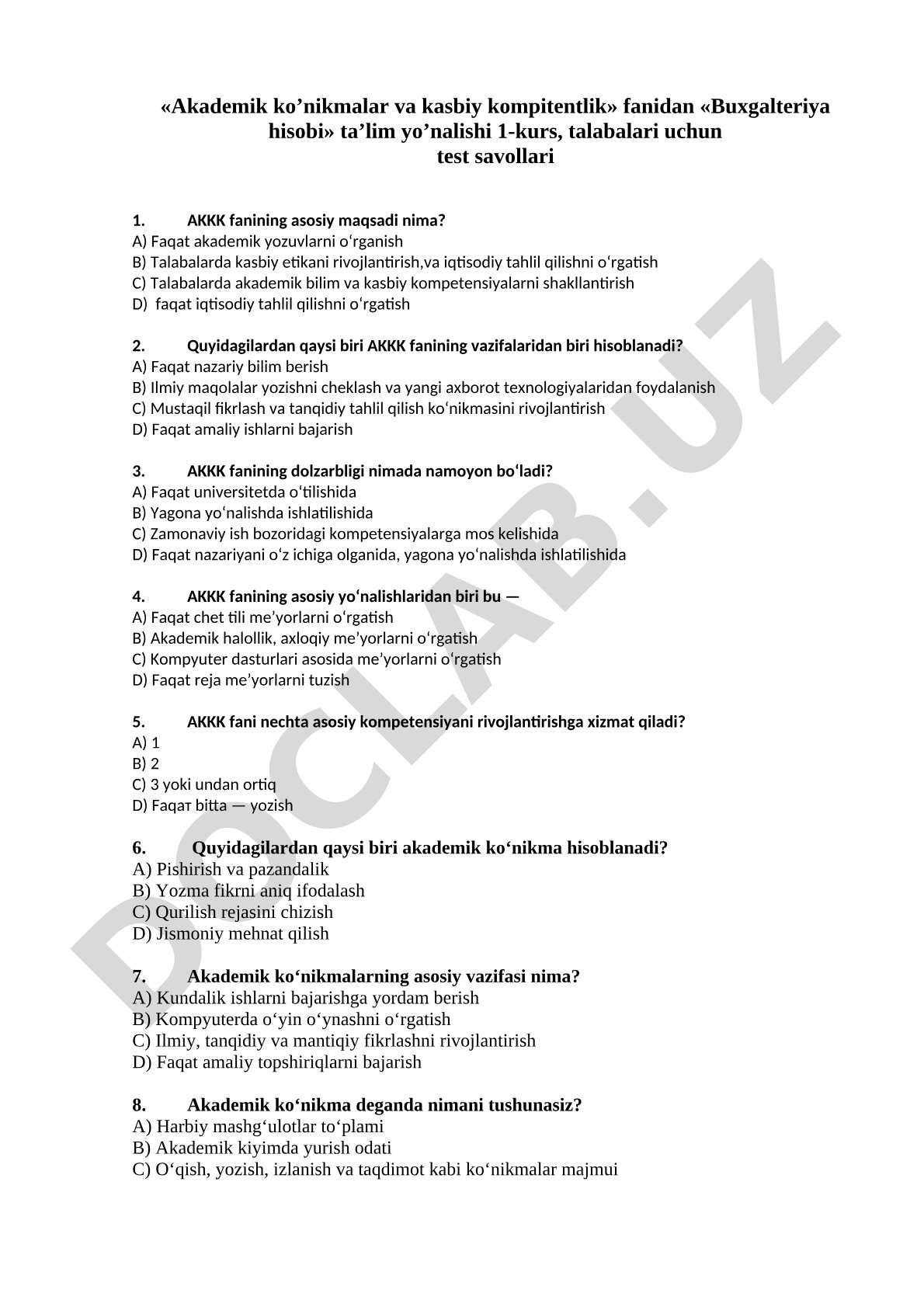 Akademik ko‘nikmalar va kasbiy kompetentlik fanidan test savollari