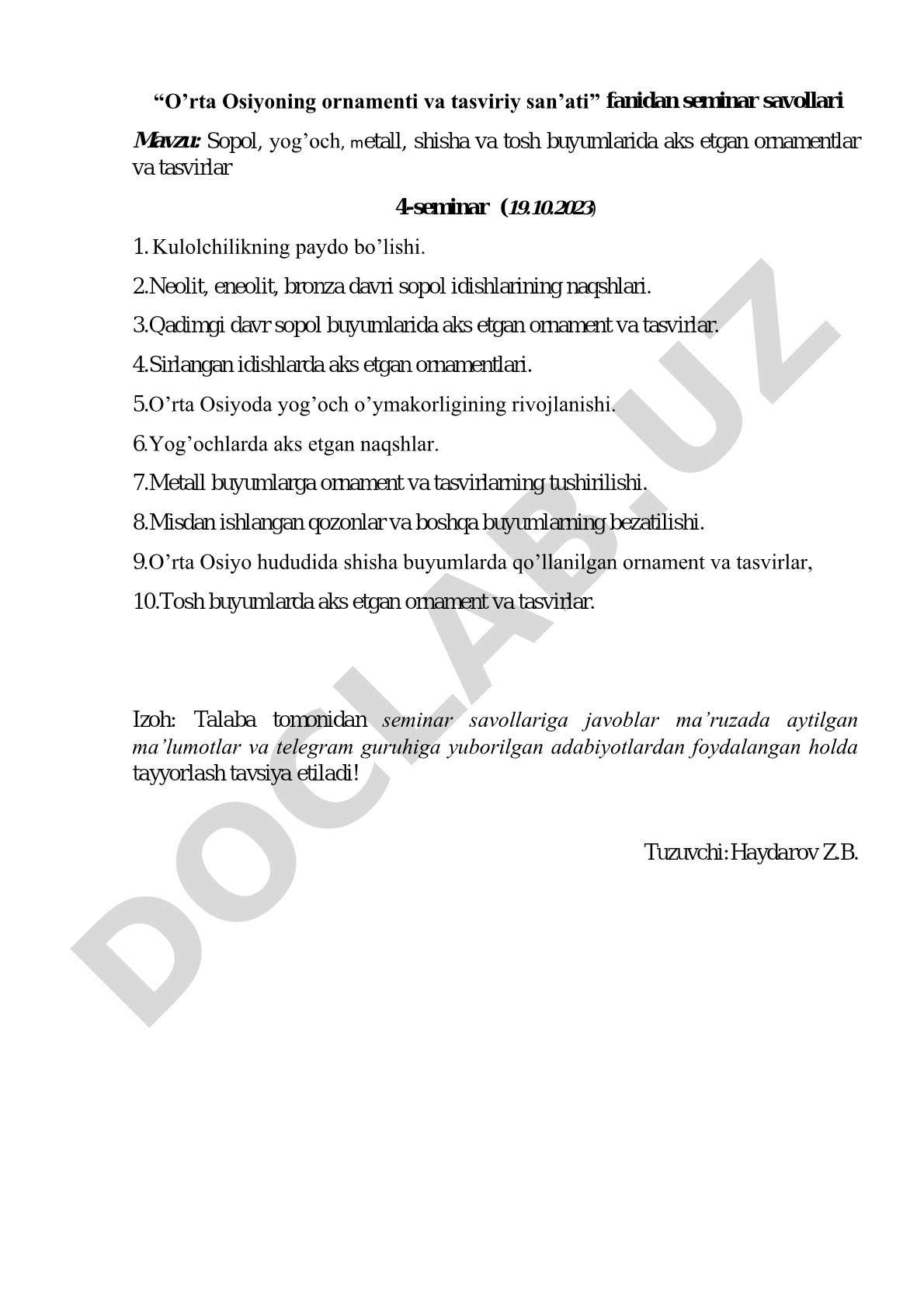 Sopol, yog'och, metall, shisha va tosh buyumlarida aks etgan ornamentlar va tasvirlar
