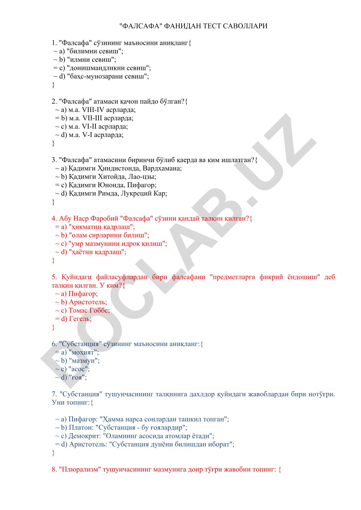 Falsafa fanidan test savollari