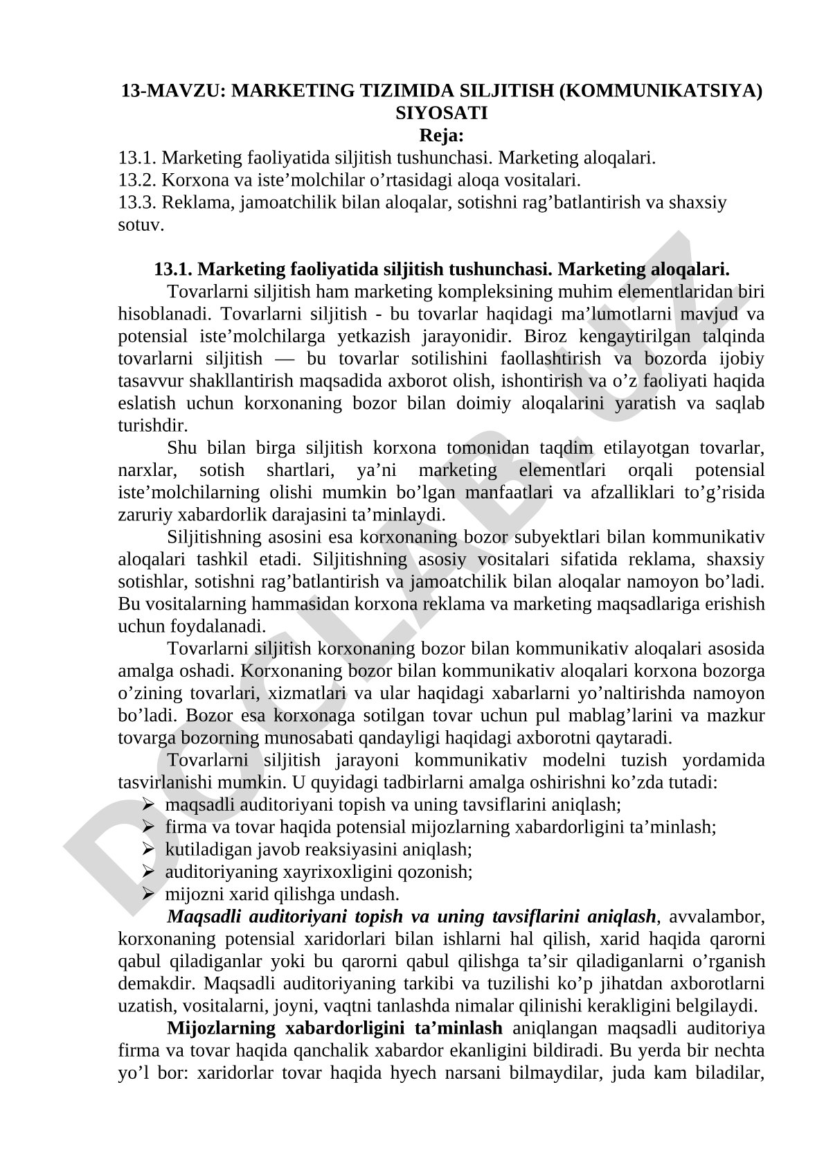 Marketing tizimida siljitish (kommunikatsiya) siyosati