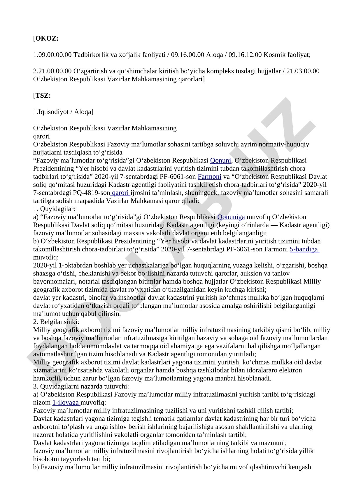 Fazoviy ma'lumotlar sohasini tartibga soluvchi normativ-huquqiy hujjatlarni tasdiqlash to'g'risida