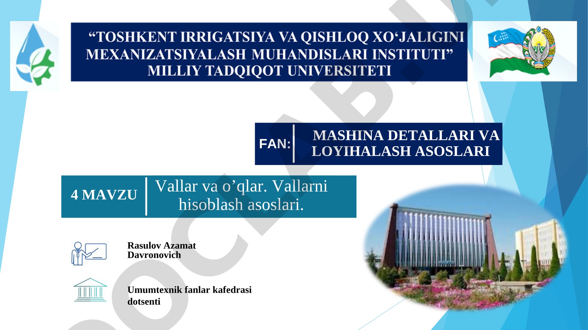 Vallar va o'qlar. Vallarni hisoblash asoslari