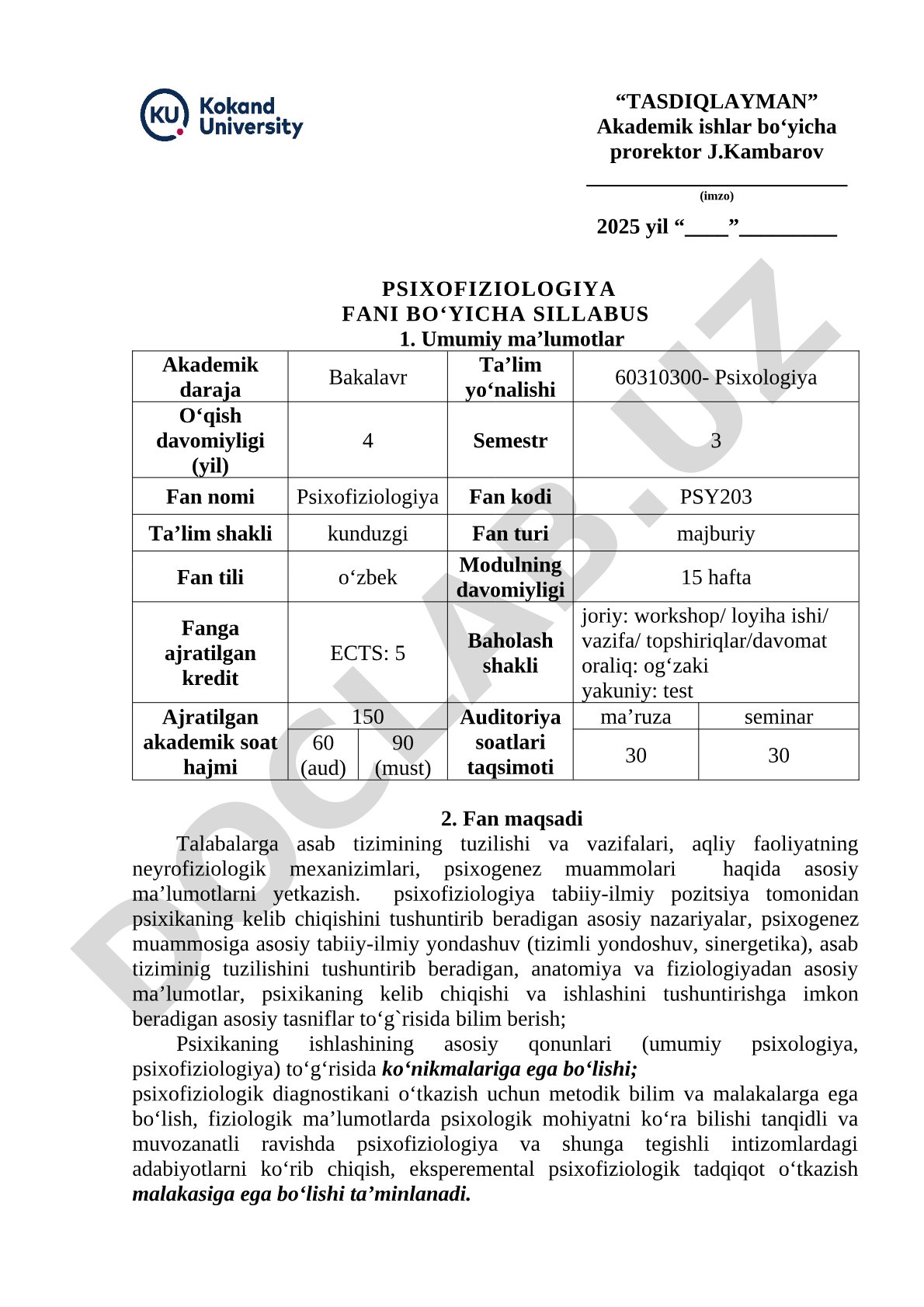 Psixofiziologiya fani bo'yicha sillabus