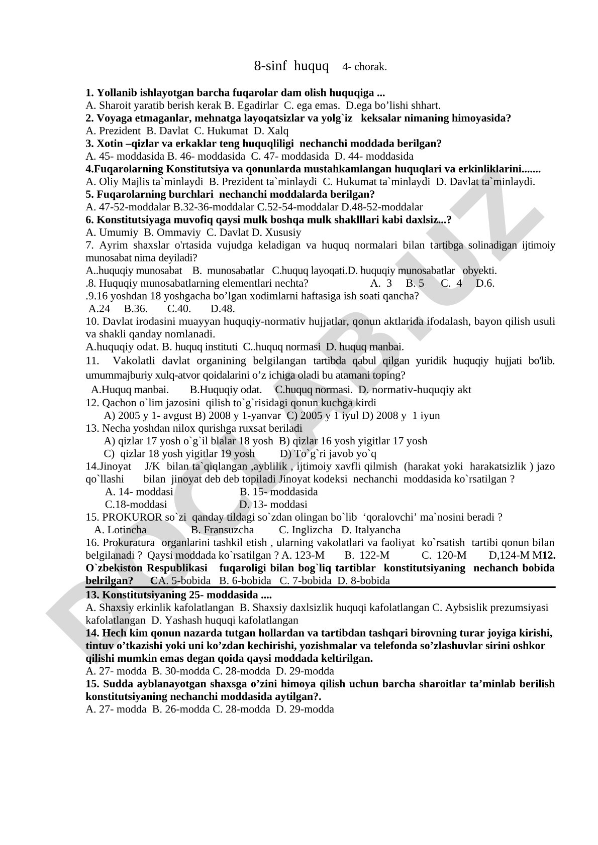 8-sinf huquq fanidan 4-chorak test savollari