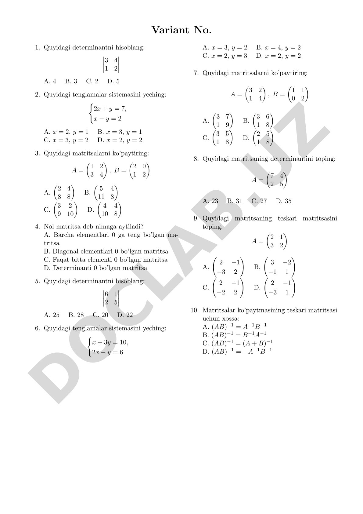 Matritsalar va determinantlar bo'yicha test savollari
