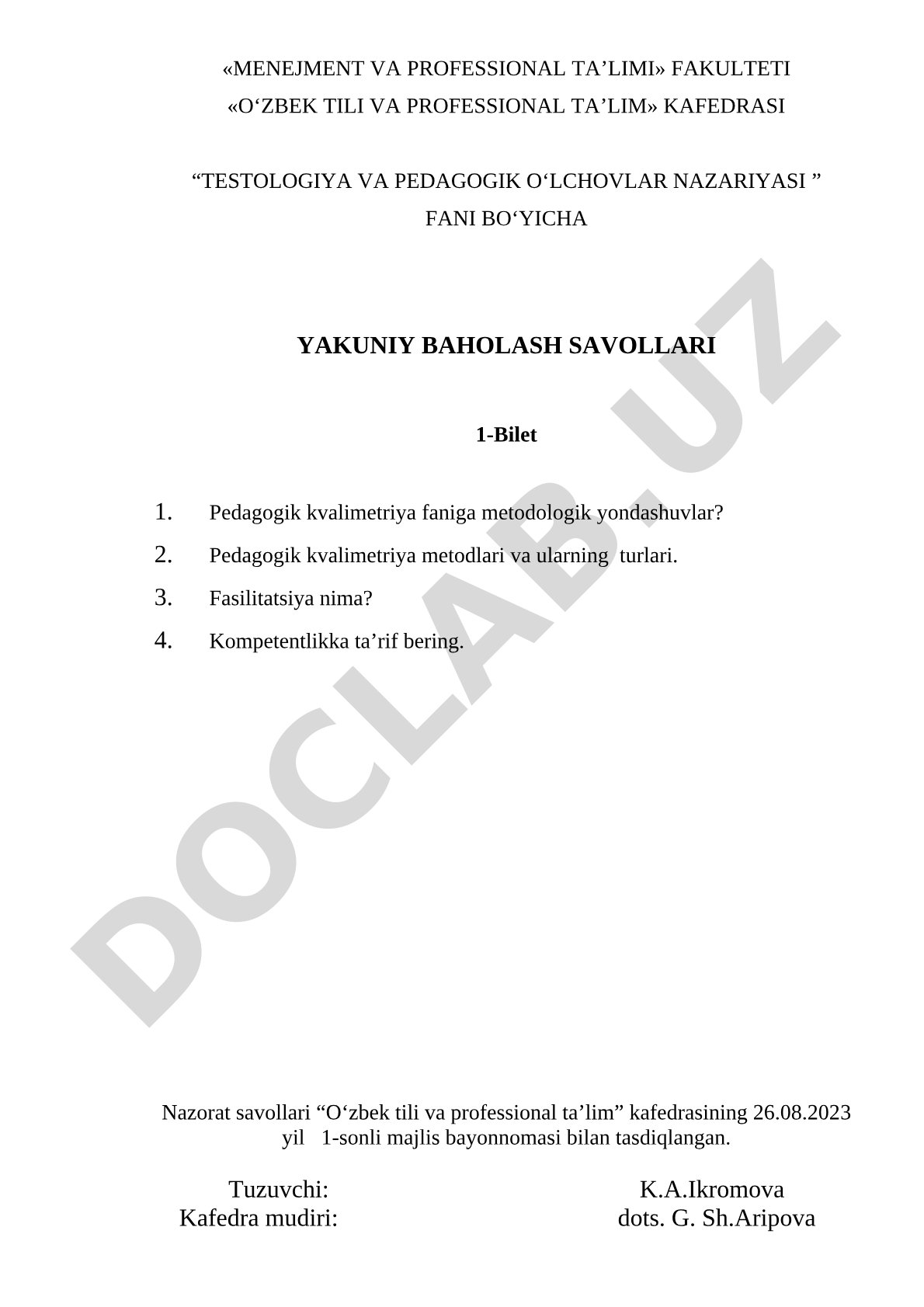 Pedagogik kvalimetriya fanidan 6 ta bilet savollari