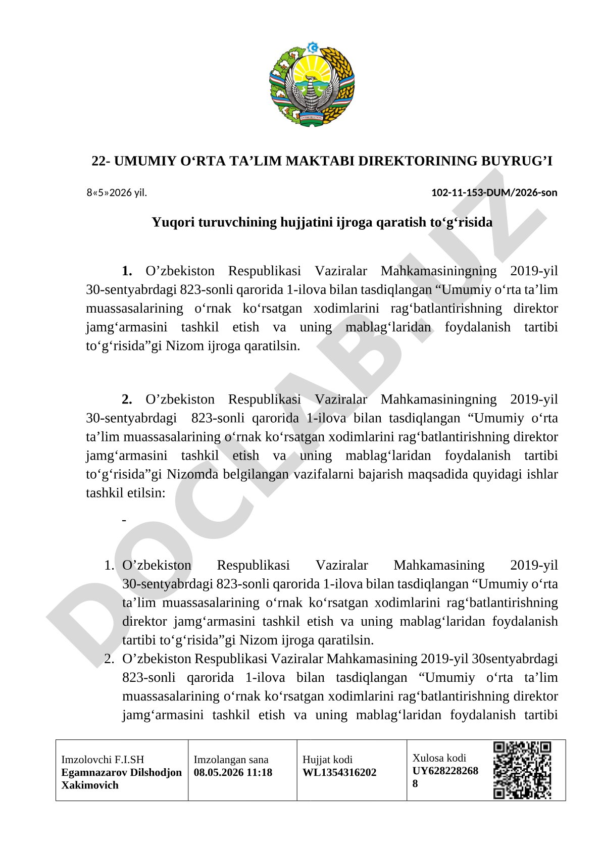 Direktor jamg'armasi Nizomini ijroga qaratish