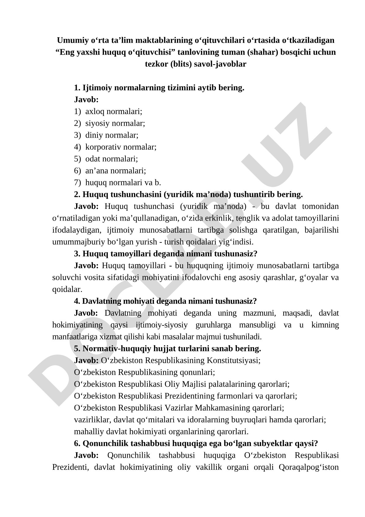 Eng yaxshi huquq o‘qituvchisi tanlovi tuman bosqichi uchun savol-javoblar