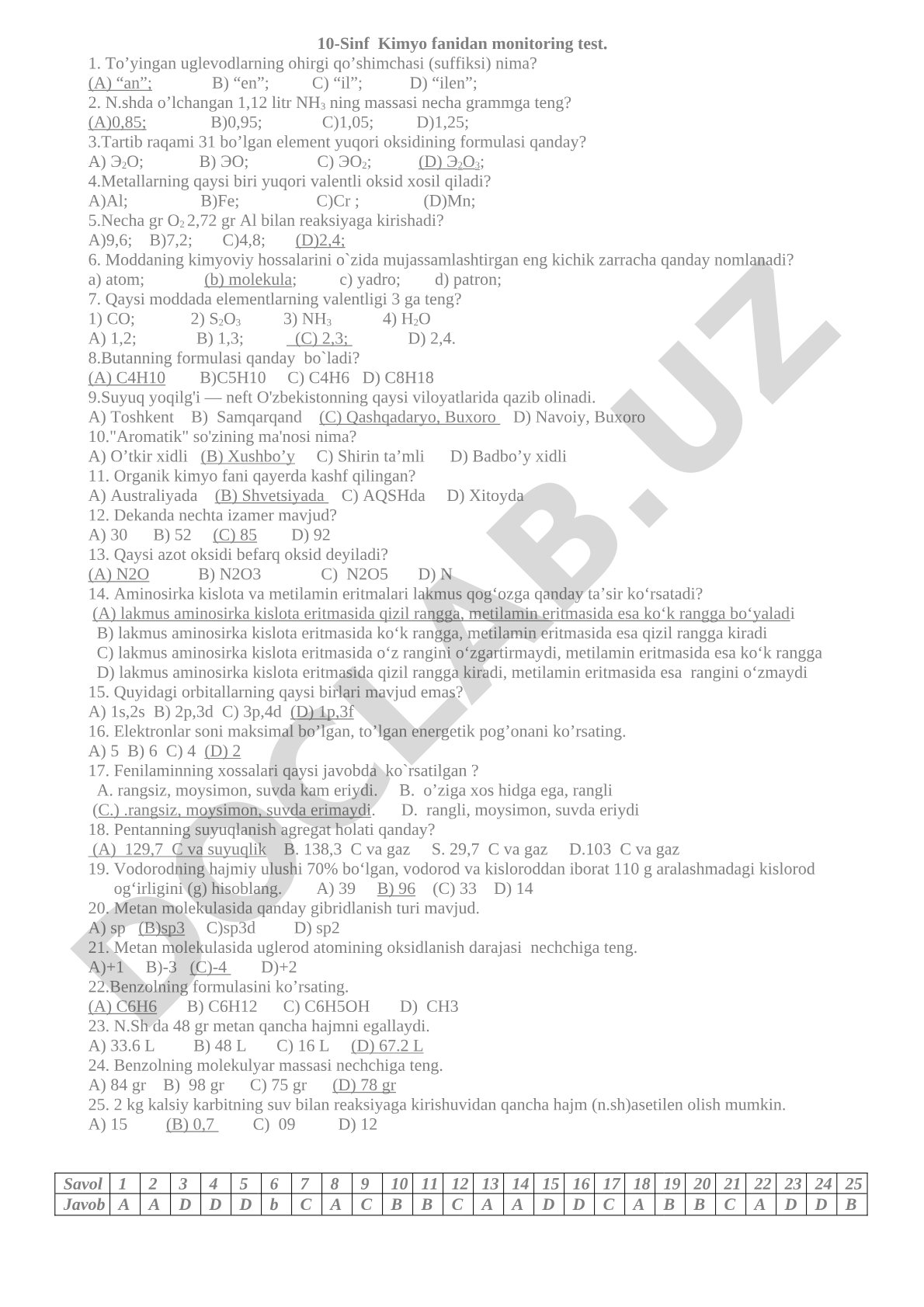 10-Sinf Kimyo fanidan monitoring test