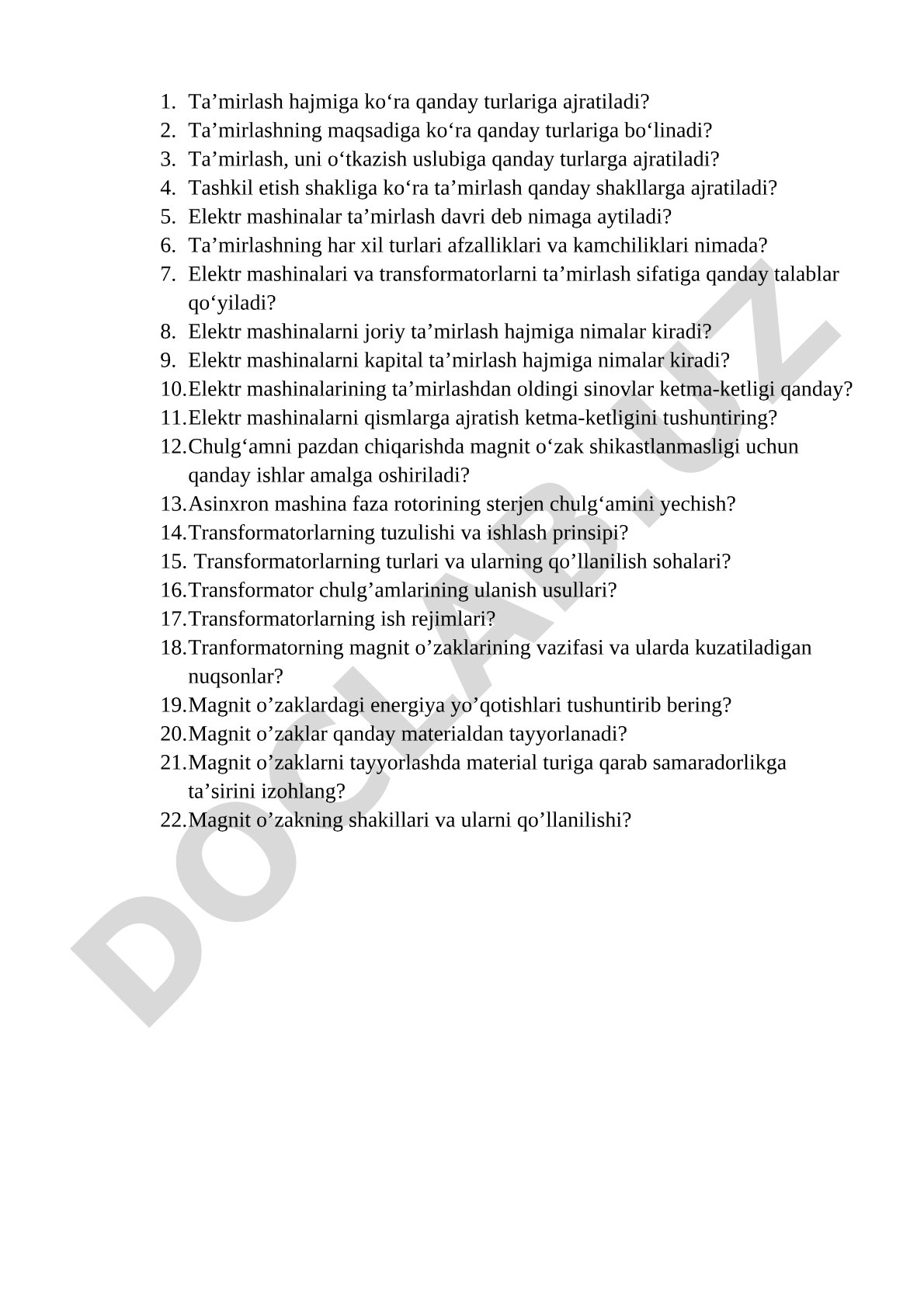 Elektr mashinalari va transformatorlarni ta'mirlash savollari