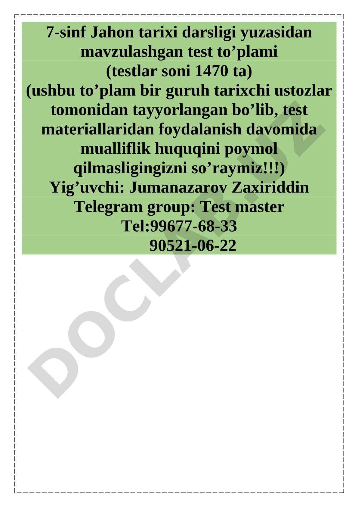 7-sinf Jahon tarixi darsligi bo'yicha mavzulashgan test to'plami