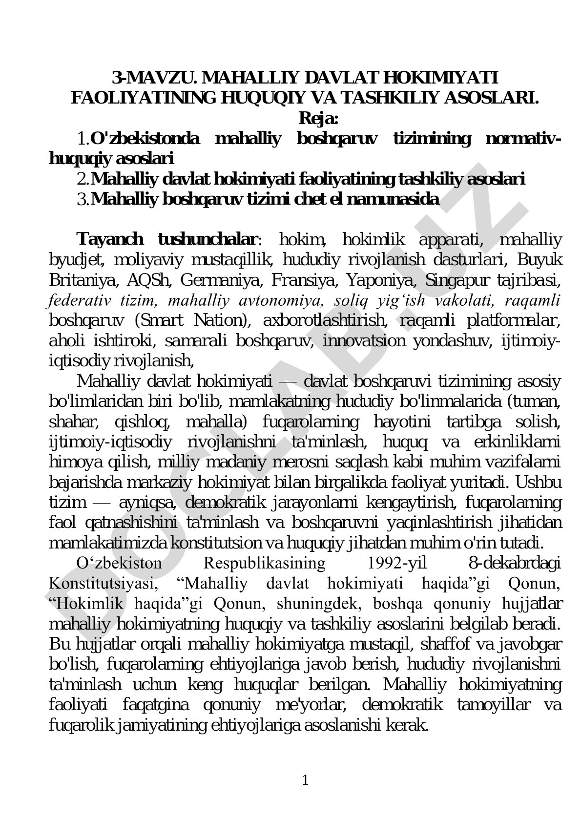Mahalliy davlat hokimiyati faoliyatining huquqiy va tashkiliy asoslari