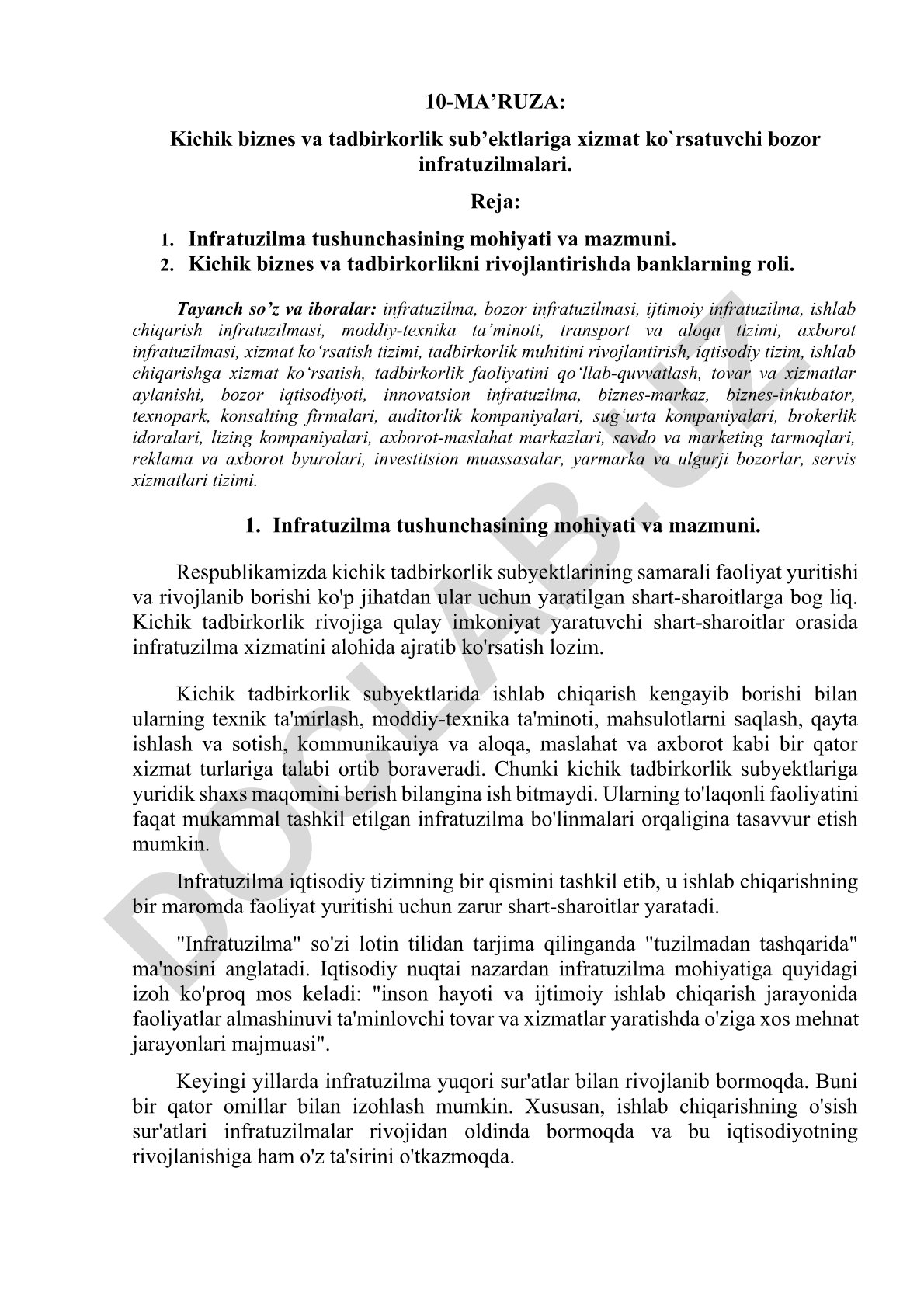 Kichik biznes va tadbirkorlik sub'ektlariga xizmat ko'rsatuvchi bozor infratuzilmalari