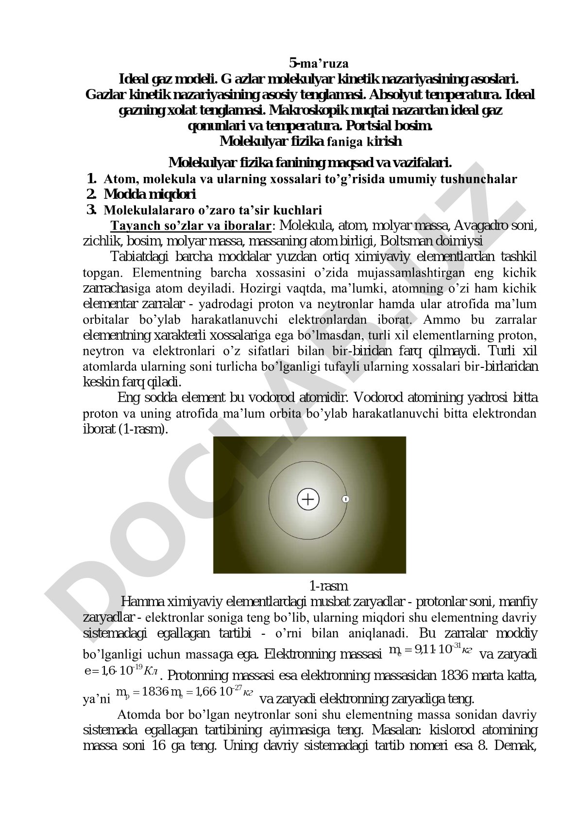 Ideal gaz modeli va gazlar molekulyar kinetik nazariyasi asoslari