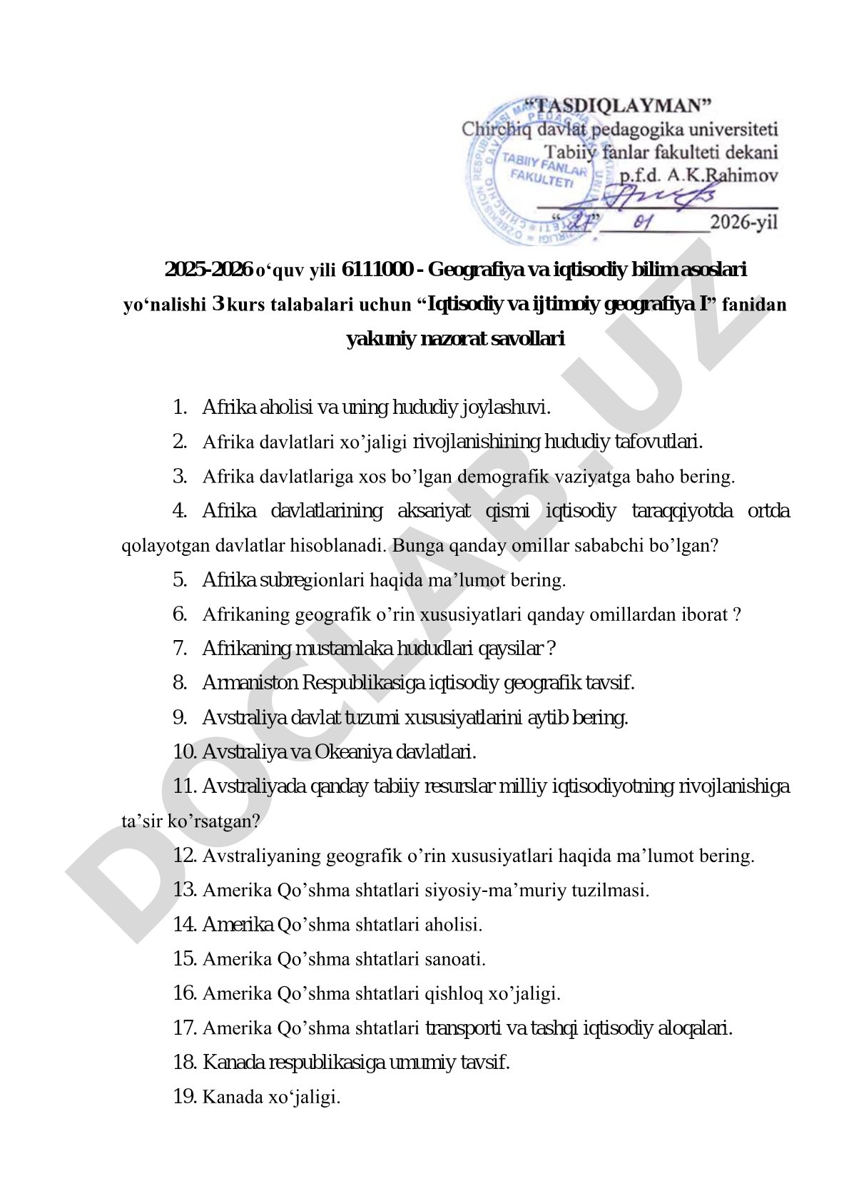 Iqtisodiy va ijtimoiy geografiya I fanidan yakuniy nazorat savollari