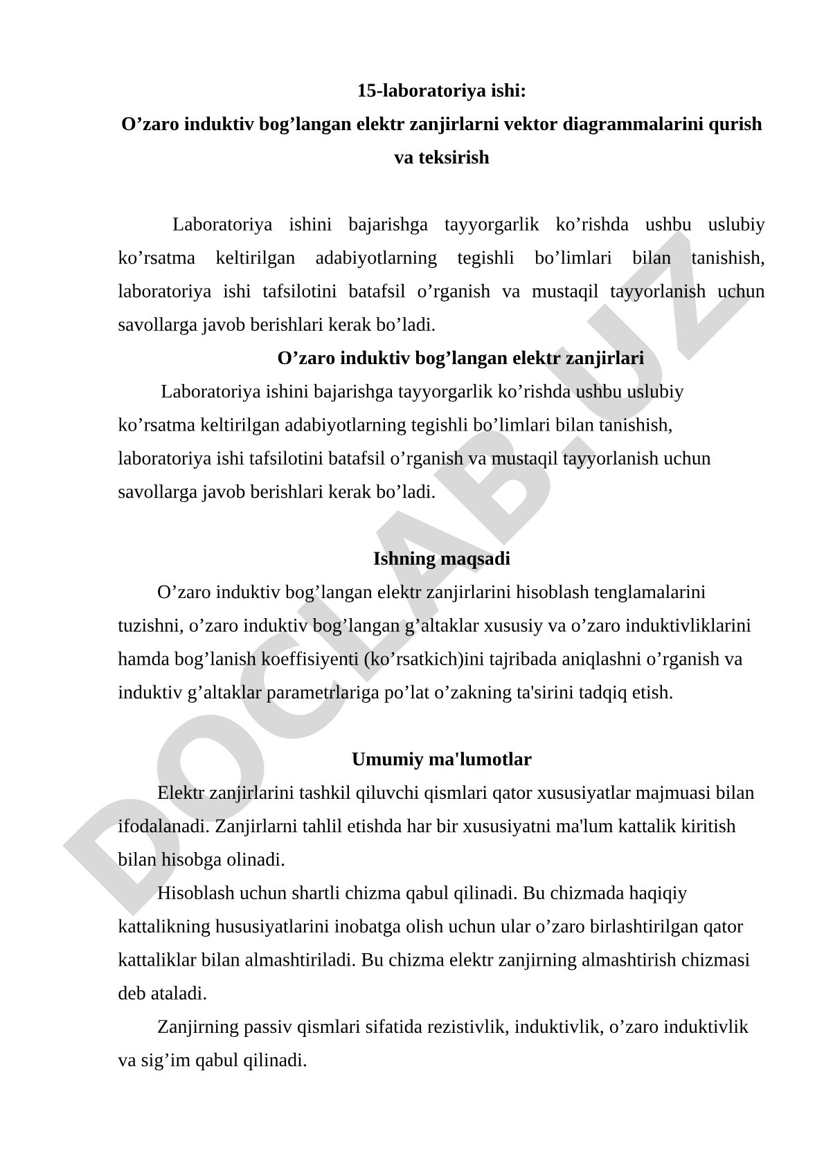 O’zaro induktiv bog’langan elektr zanjirlarni vektor diagrammalarini qurish va teksirish