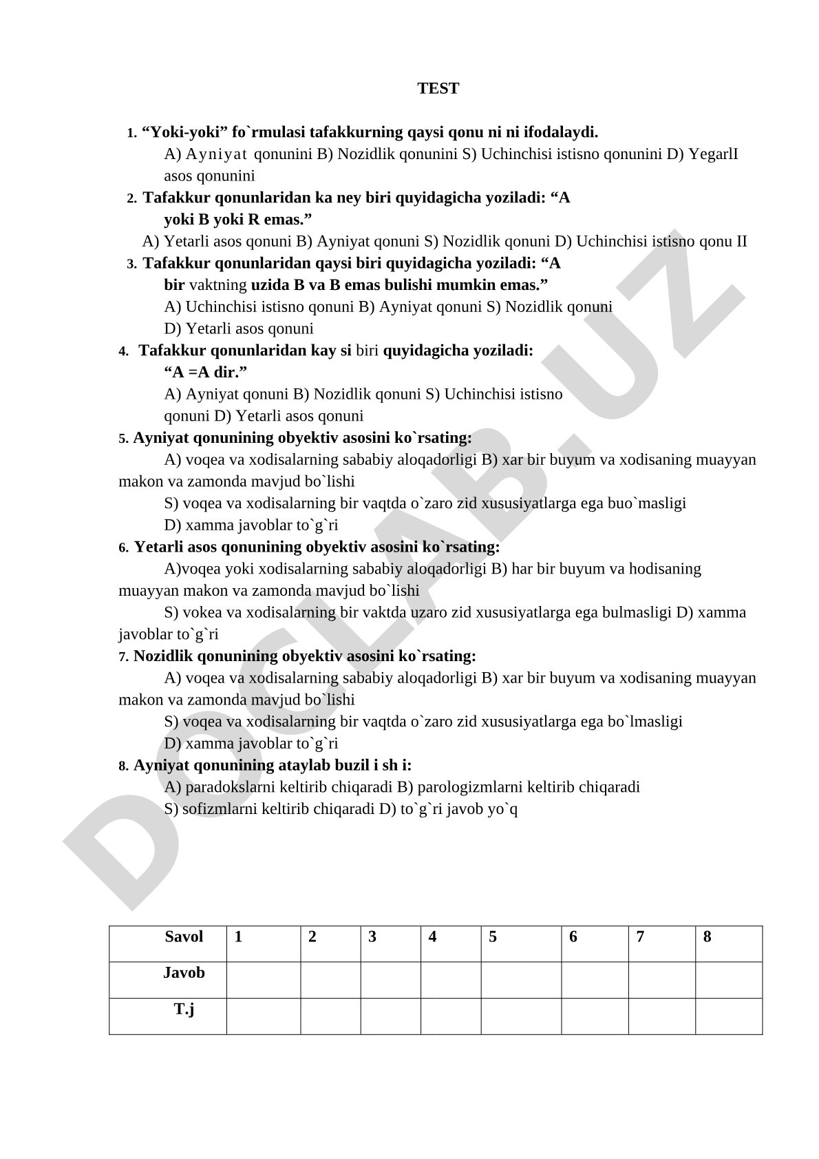 Tafakkur qonunlari testi