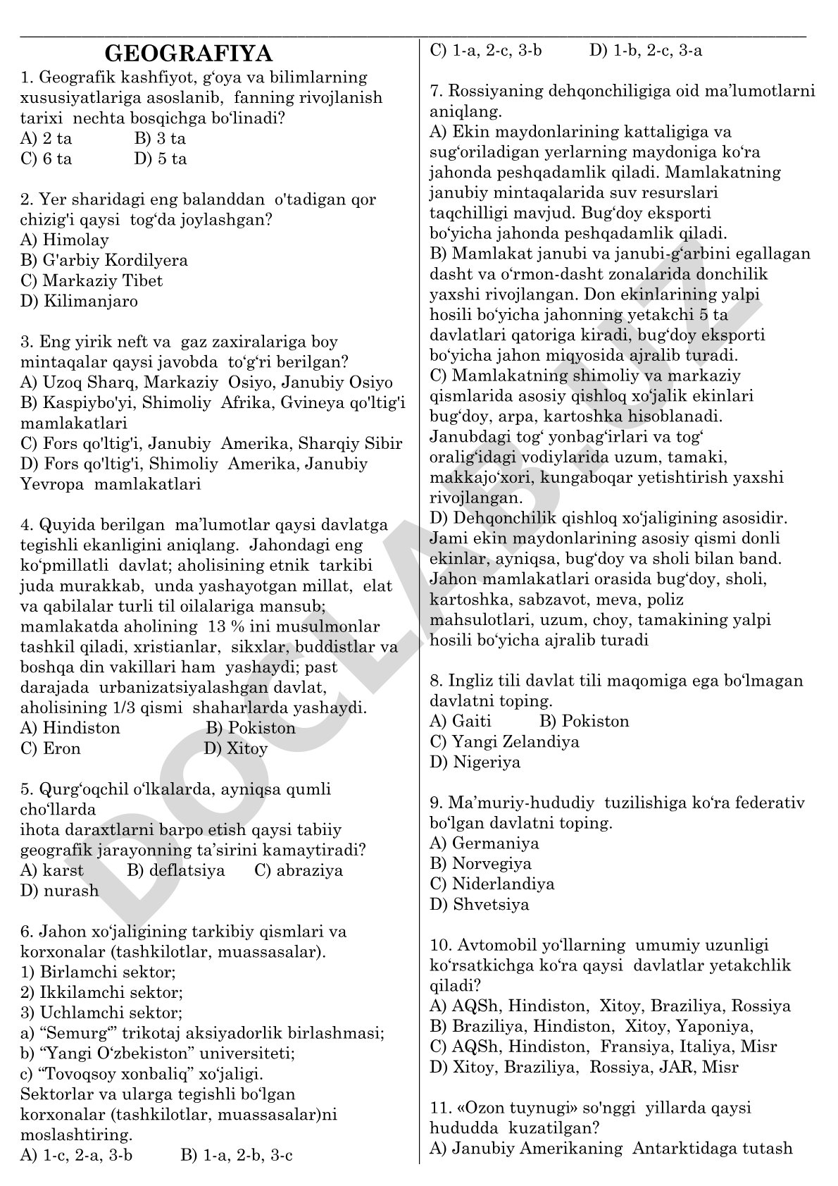 Geografiya fanidan test savollari