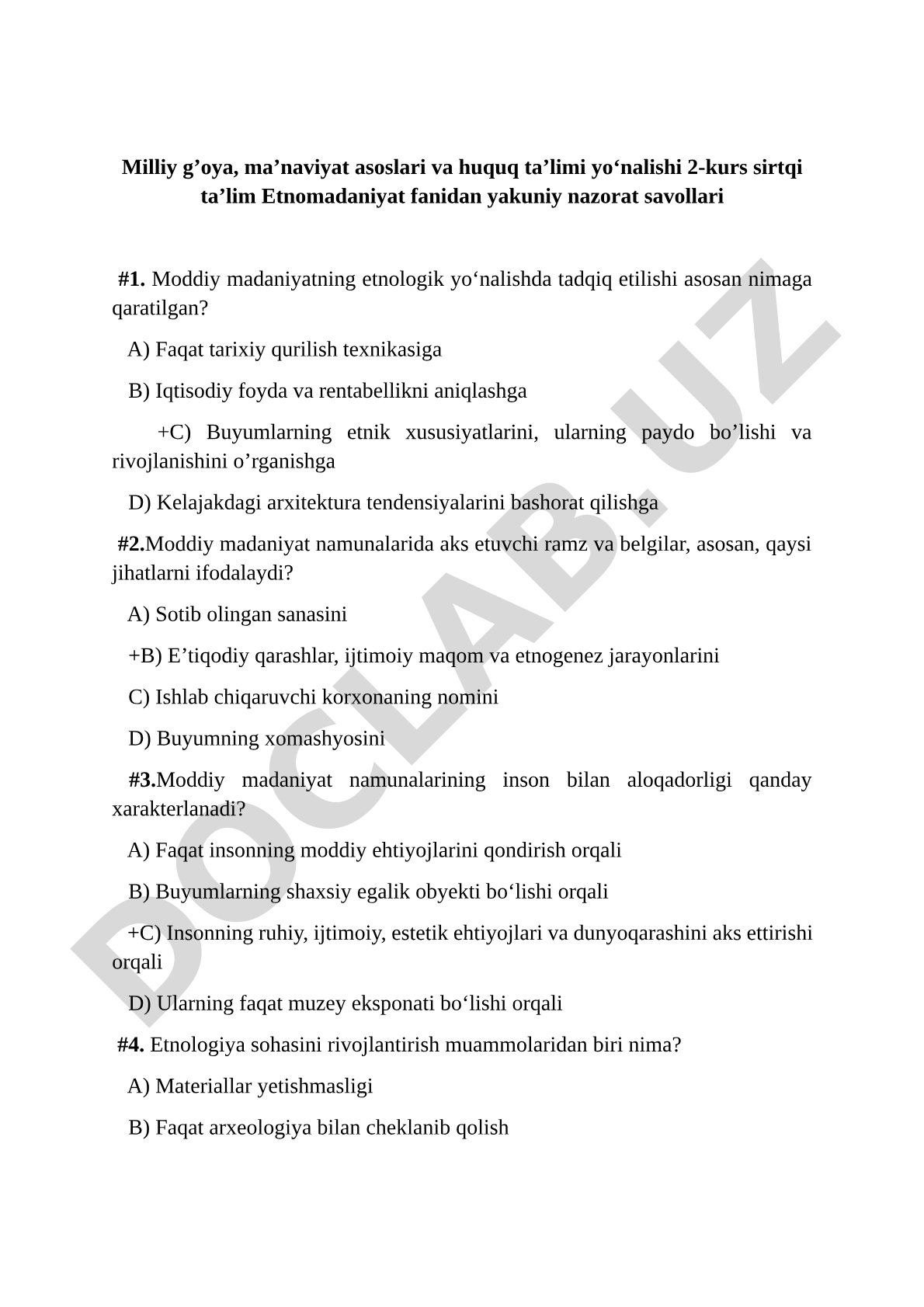 Etnomadaniyat fanidan yakuniy nazorat savollari
