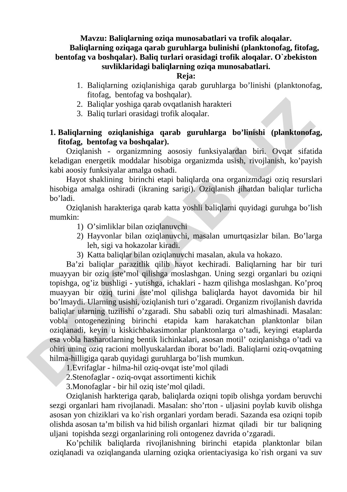 Baliqlarning oziqa munosabatlari va trofik aloqalar