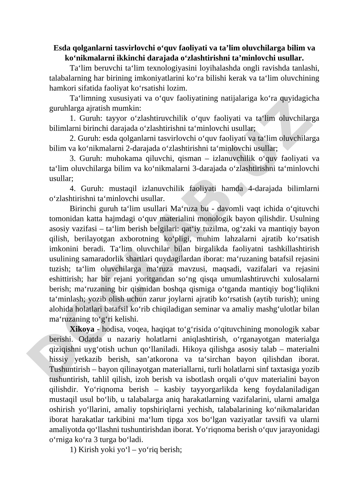 O‘quv faoliyati va ta’lim usullarining guruhlanishi