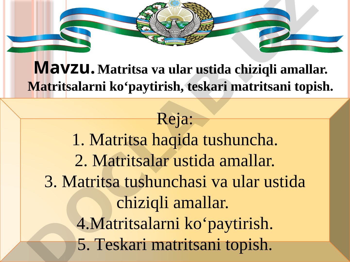 Matritsa va ular ustida chiziqli amallar. Matritsalarni ko‘paytirish, teskari matritsani topish.
