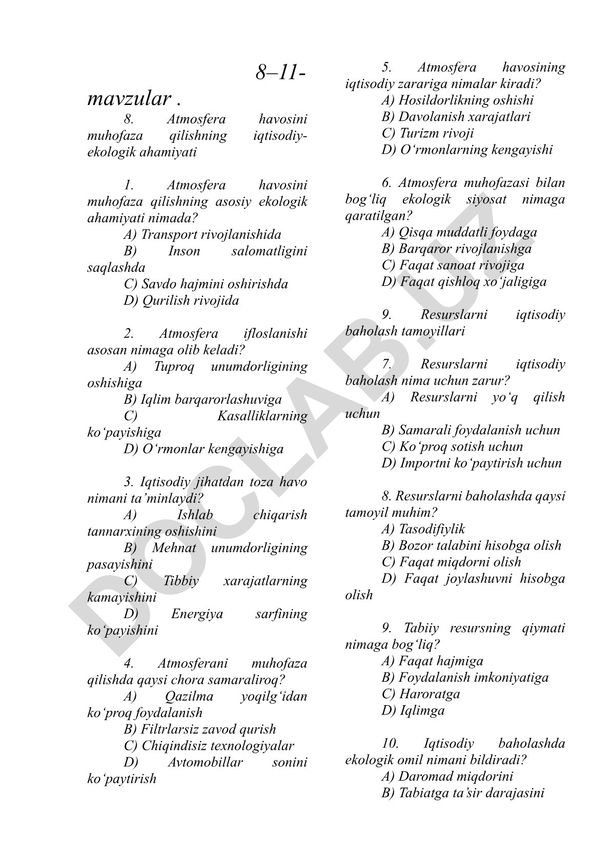 Atmosfera havosini muhofaza qilishning iqtisodiy-ekologik ahamiyati