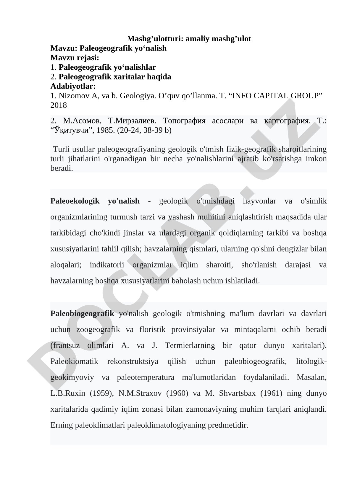 Paleogeografik yo‘nalishlar va xaritalar haqida amaliy mashg‘ulot materiallari