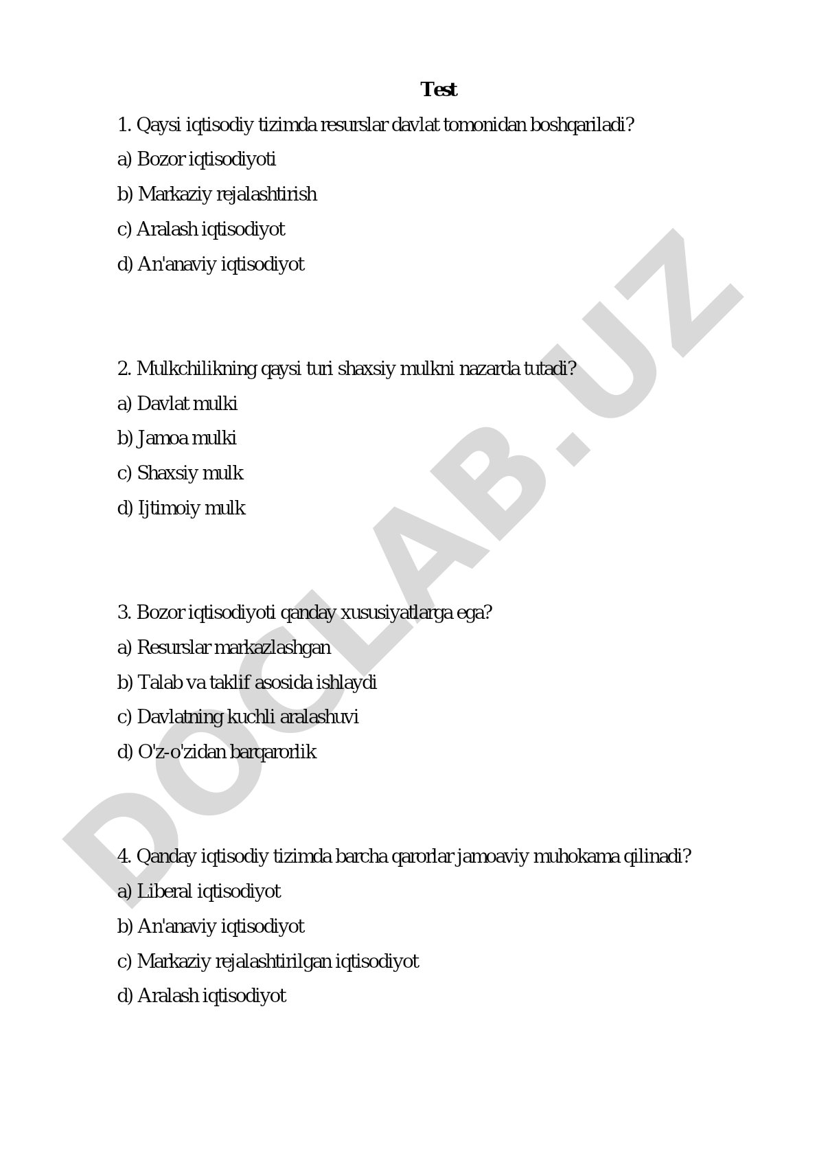 Iqtisodiy tizimlar va mulkchilik turlari testi