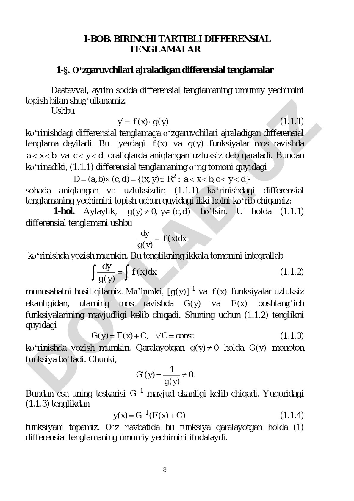 O'zgaruvchilari ajraladigan birinchi tartibli differensial tenglamalar