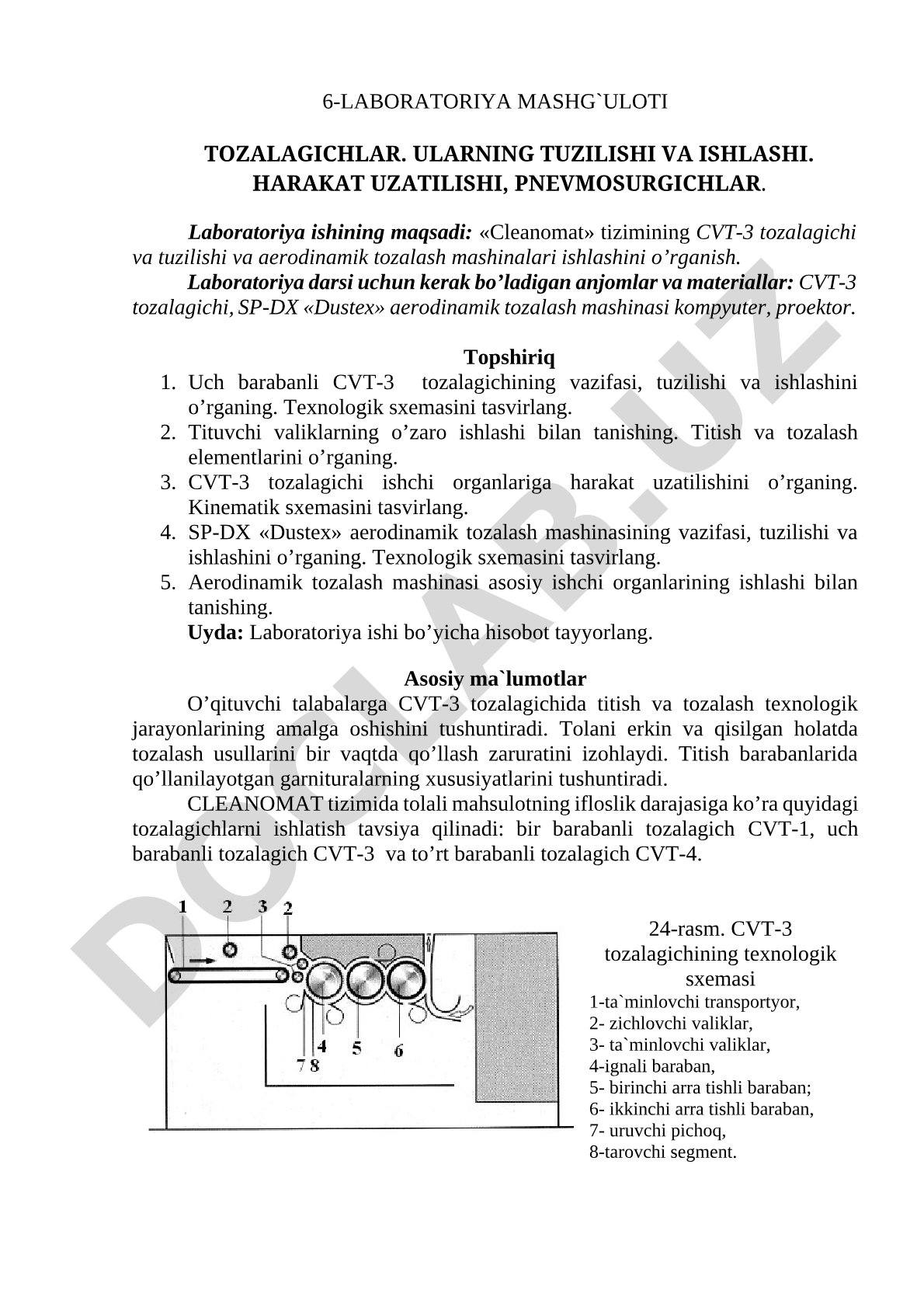 6-Laboratoriya mashg'uloti. Tozalagichlar. Ularning tuzilishi va ishlashi. Harakat uzatilishi, pnevmorsurgichlar
