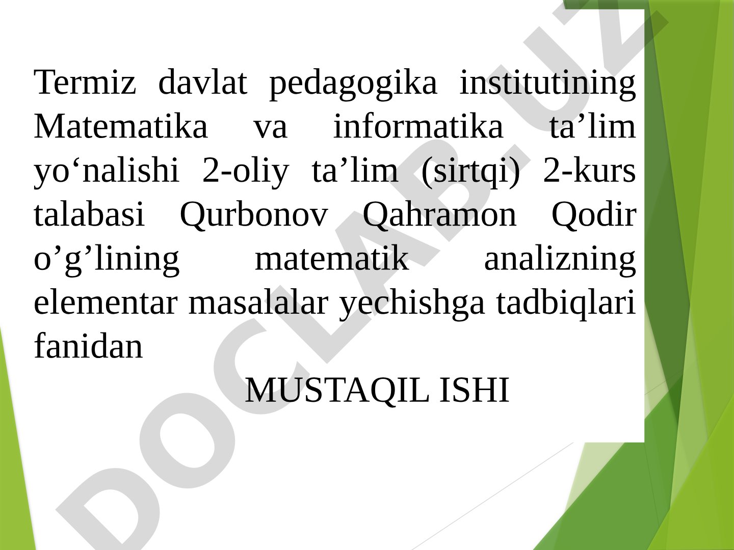 Aniq integral tushunchasiga olib keladigan masalalar. Integral yig’indi, aniq integralning ta’rifi.