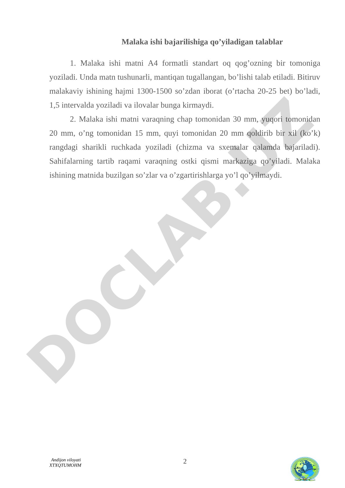 Malaka ishi bajarilishiga qo'yiladigan talablar