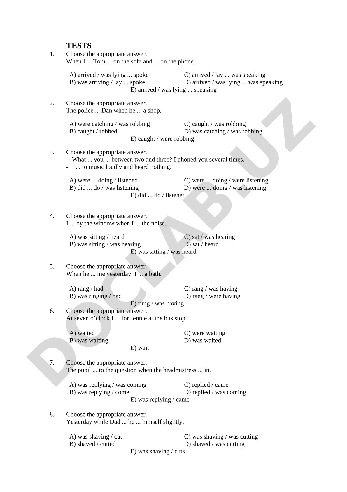 English Grammar Test on Past Tenses