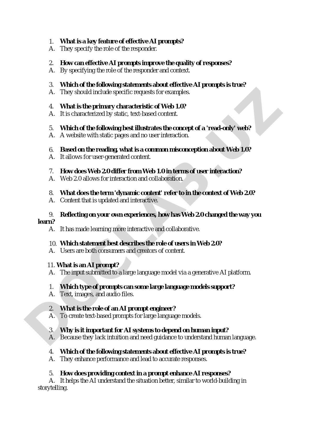 AI prompts and Web 1.0 vs Web 2.0 quiz