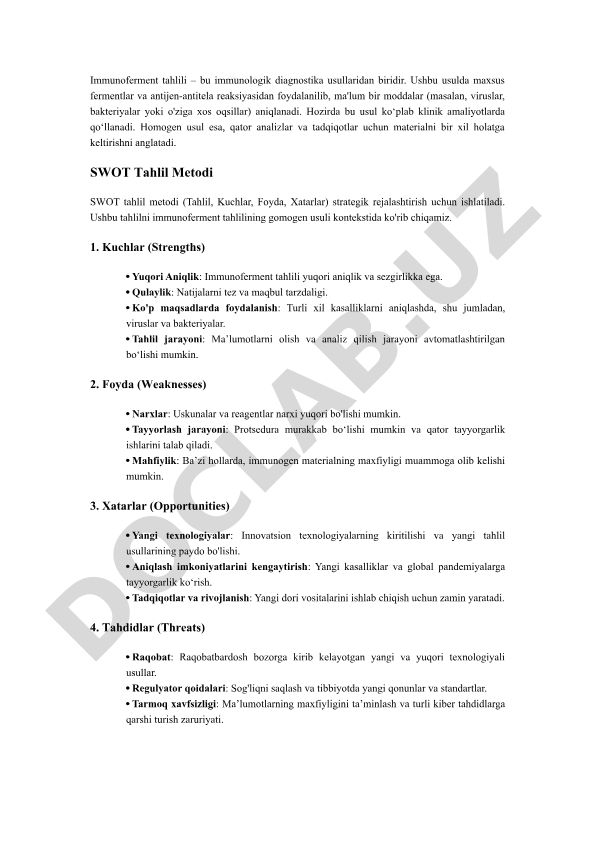 Immunoferment tahlilining gomogen usuli va SWOT tahlil metodi