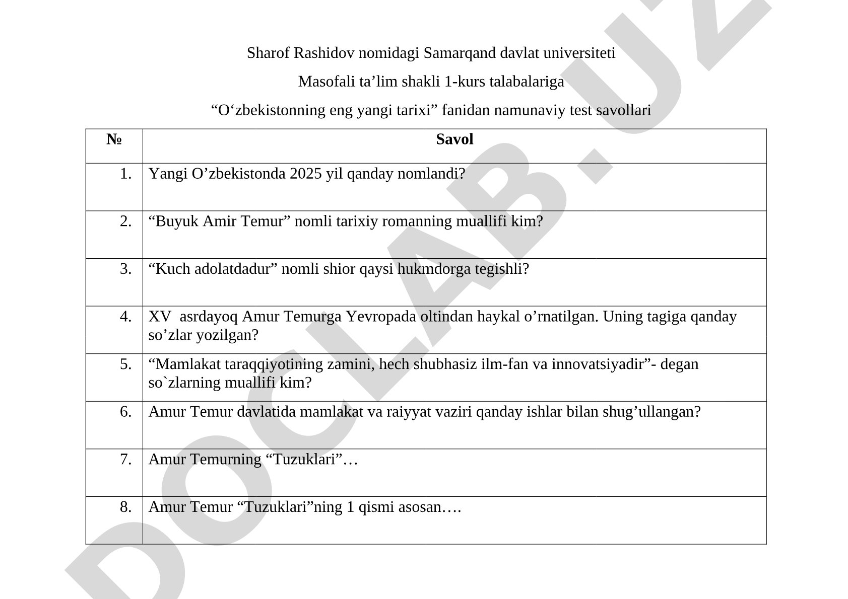 O‘zbekistonning eng yangi tarixi fanidan namunaviy test savollari