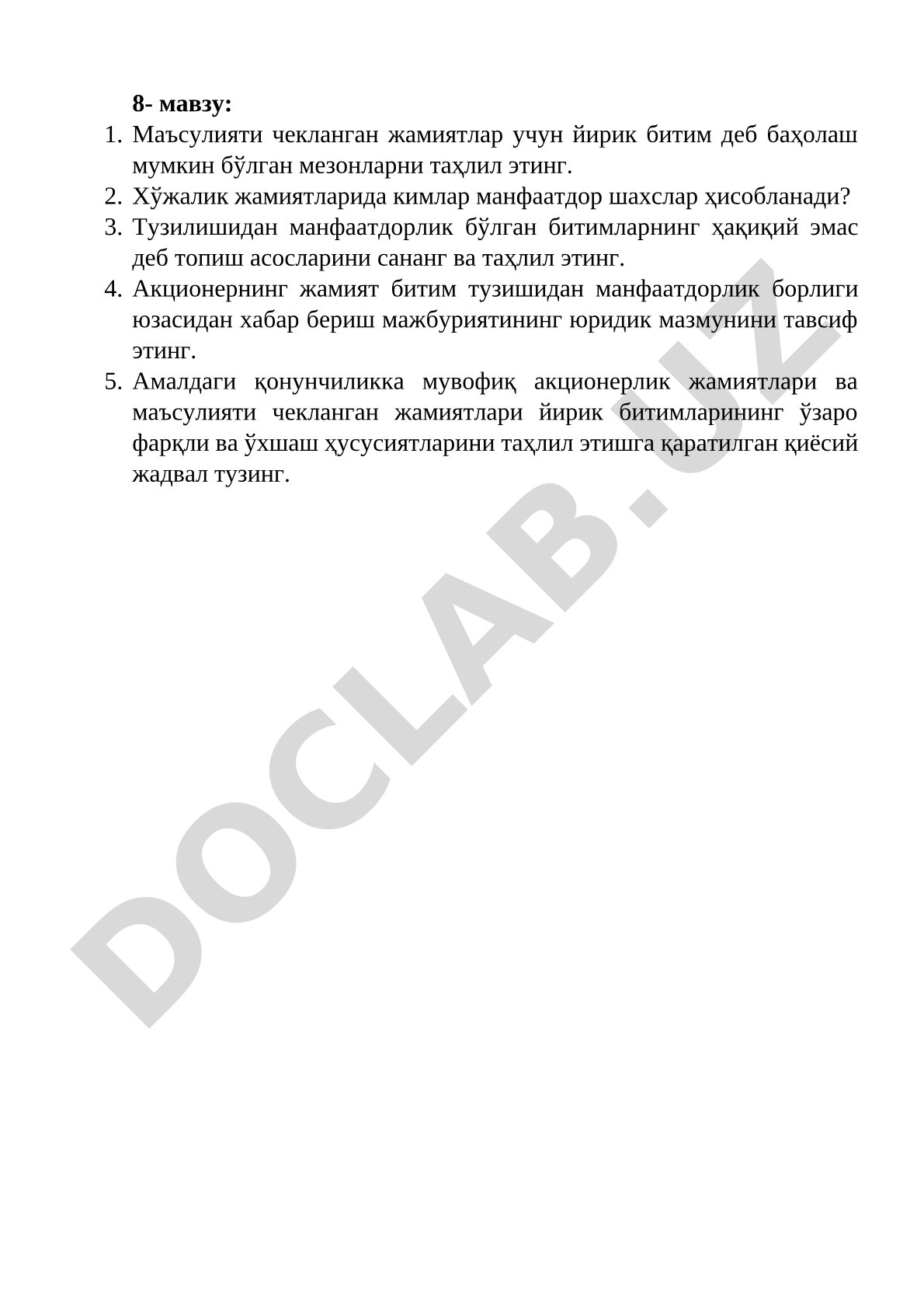 Маъсулияти чекланган жамиятлар учун йирик битим деб баҳолаш мумкин бўлган мезонларни таҳлил этинг