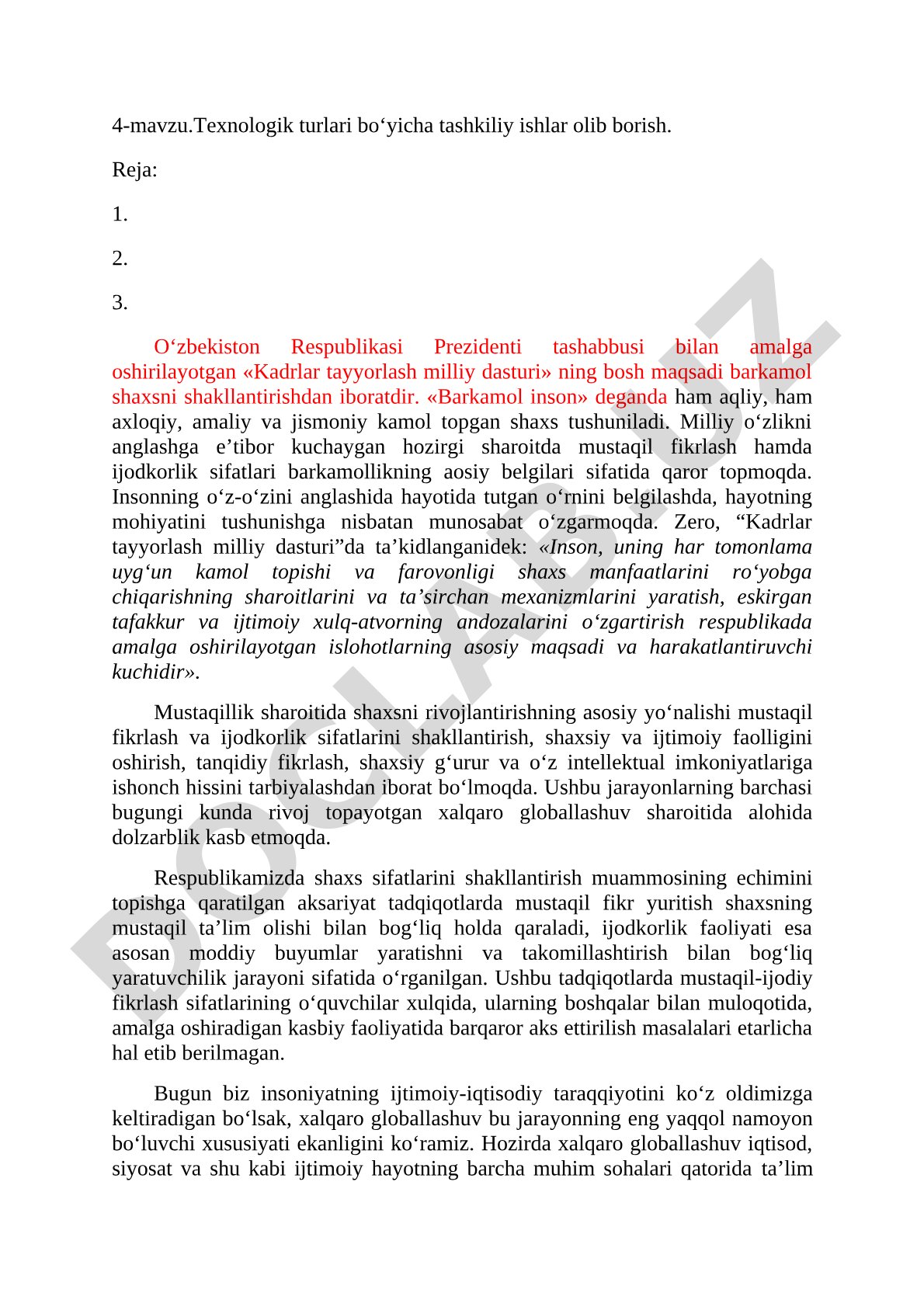Texnologik turlari bo‘yicha tashkiliy ishlar olib borish