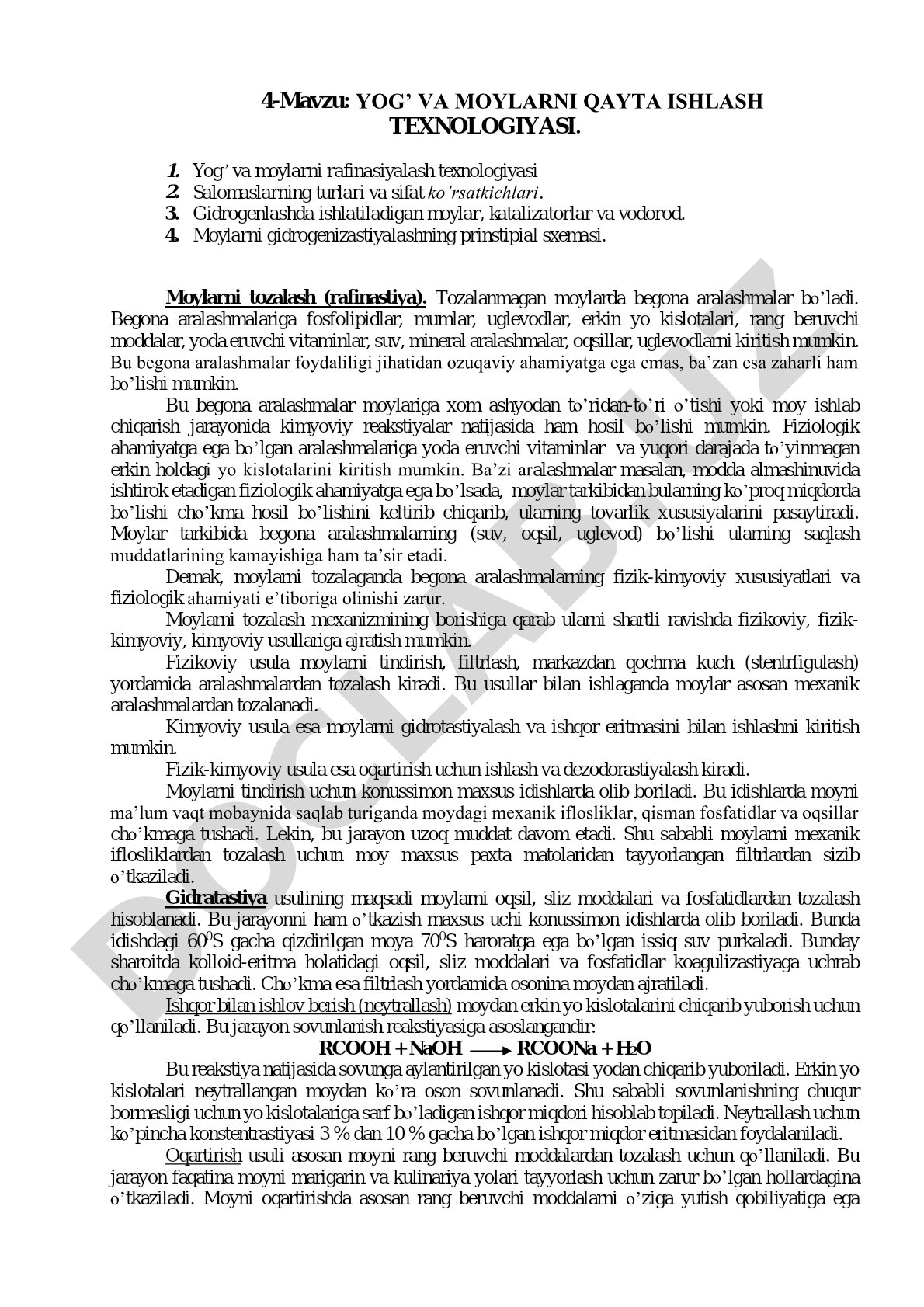 YOG’ VA MOYLARNI QAYTA ISHLASH TEXNOLOGIYASI