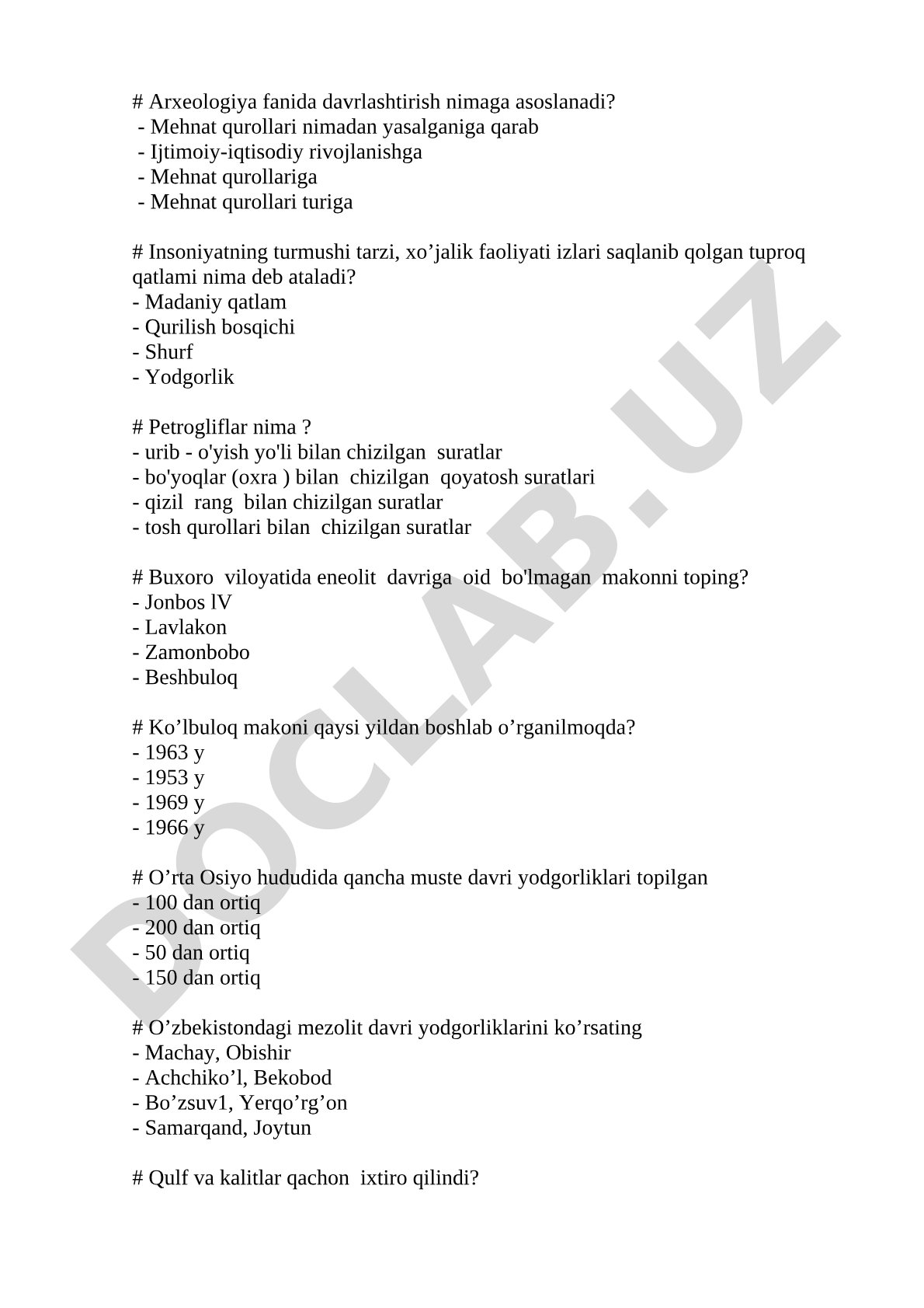 Arxeologiya fanidan test savollari