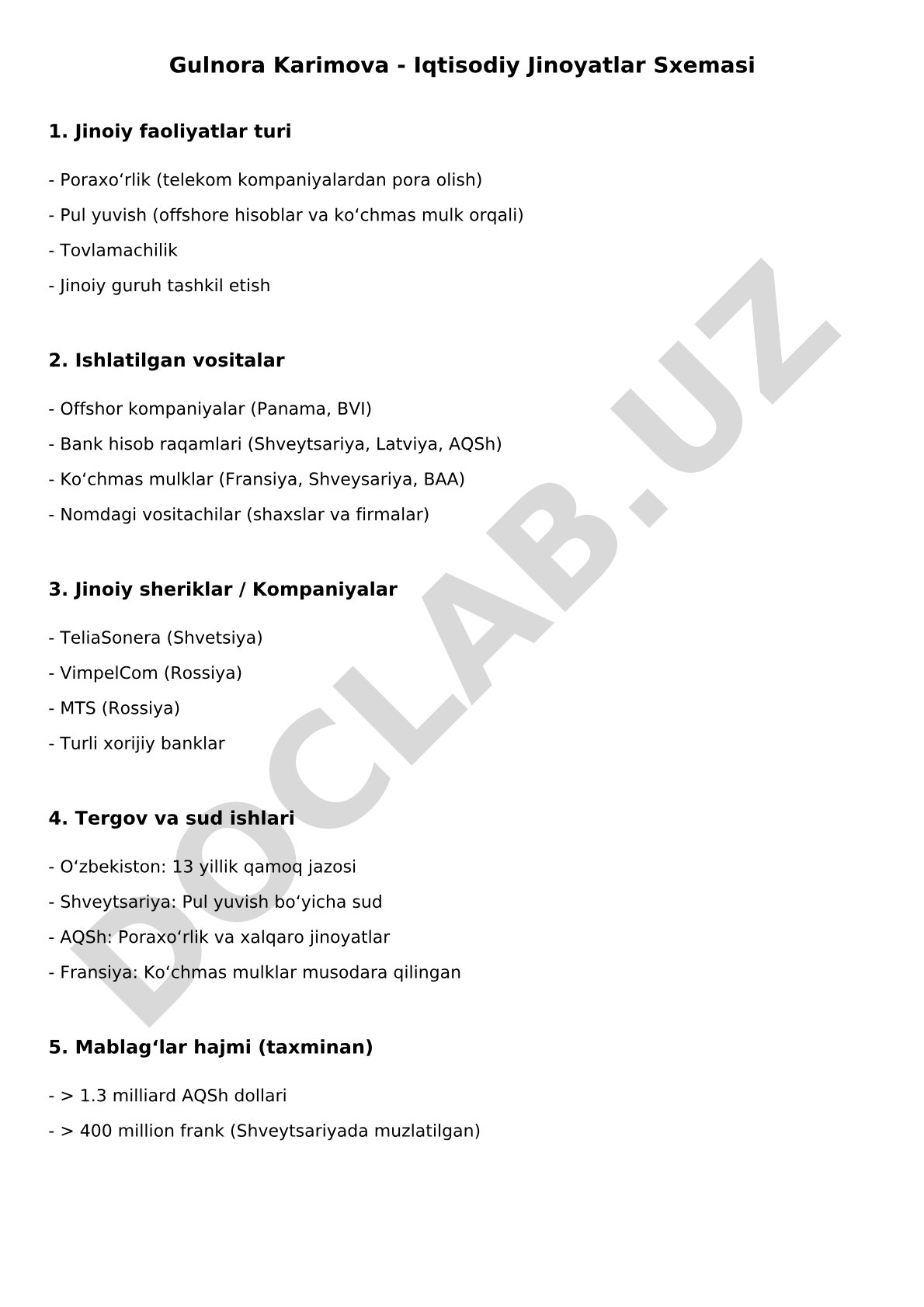 Gulnora Karimova iqtisodiy jinoyatlar sxemasi